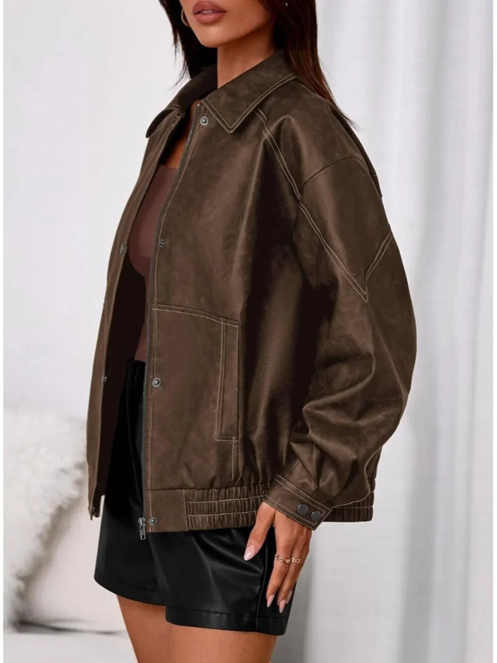 Women's Bomber Motorcycle Zip Up Jackets Oversized Faux Leather Jacket Brown